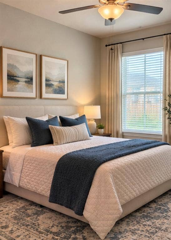 1196 Putnam Drive, Frisco, TX 75036 Virtually staged. Ceiling fan with integrated lighting, window with blinds, and upholstered headboard