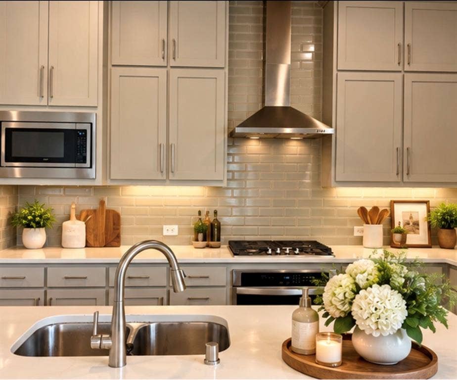 1196 Putnam Drive, Frisco, TX 75036 Virtually staged. Modern kitchen featuring light gray cabinetry, stainless steel appliances, a subway tile backsplash, white countertops, and a dual-basin undermount sink