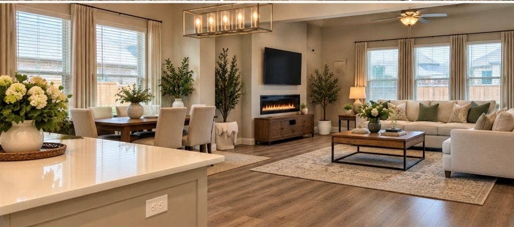 1196 Putnam Drive, Frisco, TX 75036 Virtually staged. Open-concept living space with wood-finish flooring, a linear electric fireplace, and a rectangular chandelier