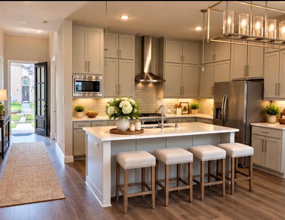 1196 Putnam Drive, Frisco, TX 75036 Virtually staged. Spacious kitchen featuring gray cabinetry, stainless steel appliances, a center island with seating, a tile backsplash, and wood-finish flooring