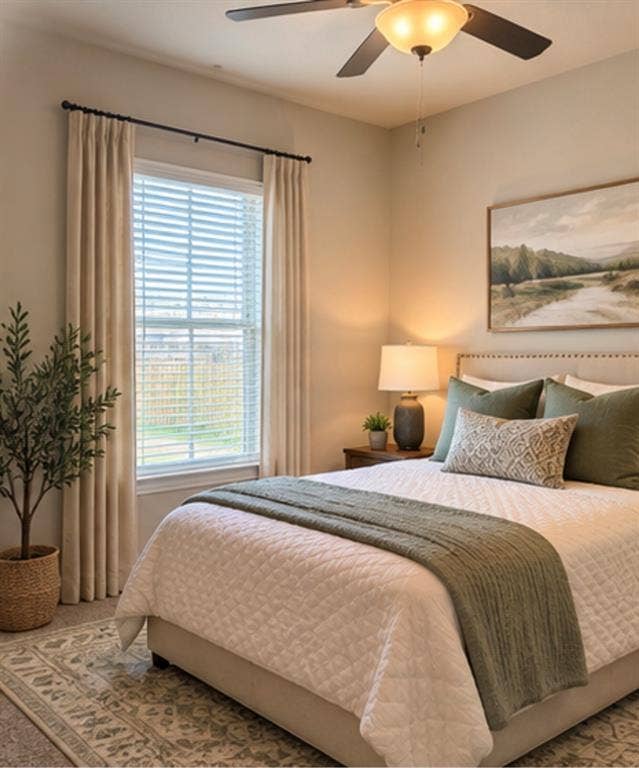 1196 Putnam Drive, Frisco, TX 75036 Virtually staged. Window with blinds, ceiling fan with integrated lighting, recessed headboard, wood-finish nightstand