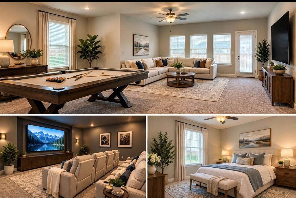 1196 Putnam Drive, Frisco, TX 75036 Property Image virtually staged of interior spaces of the property, including a living area, a media room, and a bedroom