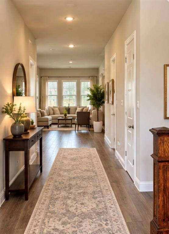 1196 Putnam Drive, Frisco, TX 75036 Virtually staged. Hallway featuring wood-finish flooring, recessed lighting, and white paneled doors