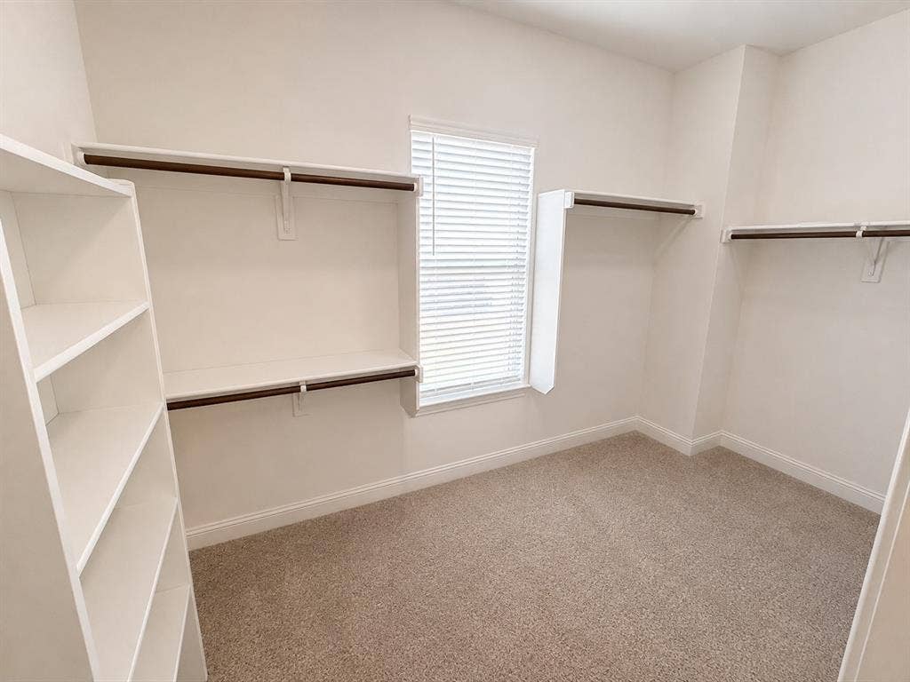 1196 Putnam Drive, Frisco, TX 75036 Huge Master closet with built-in shelving, hanging rods, window with blinds, and carpeted flooring