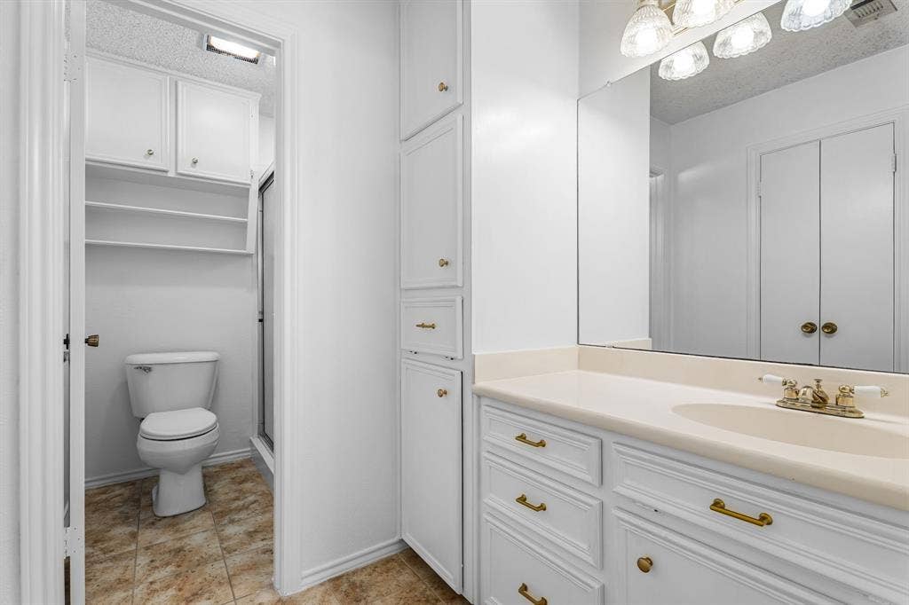 544 Jason Street, Robinson, TX 76706 Bathroom with a single vanity, integrated sink, and gold-finish fixtures