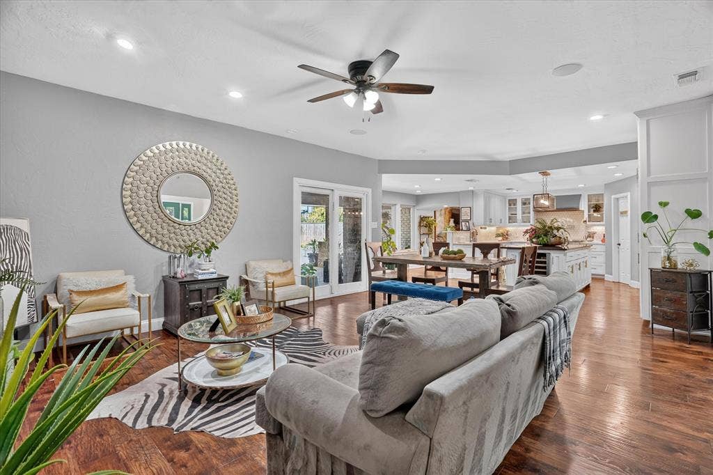 7016 Battle Creek Road, Fort Worth, TX 76116 Hardwood flooring, recessed lighting, ceiling fan, French doors, and an open-concept layout