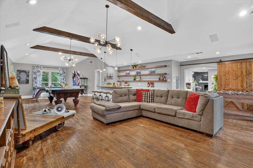 7016 Battle Creek Road, Fort Worth, TX 76116 Vaulted ceilings with exposed wood beams and recessed lighting