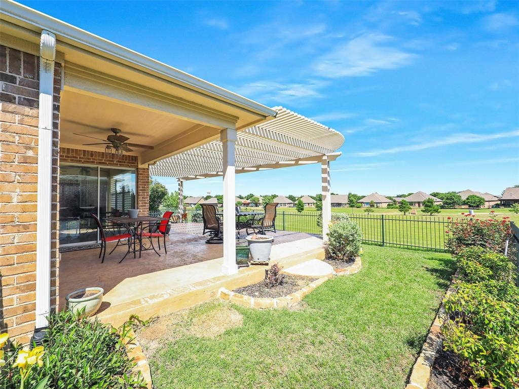7470 Birmingham Forest Drive, Frisco, TX 75036 View of yard with a pergola, a patio, and ceiling fan
