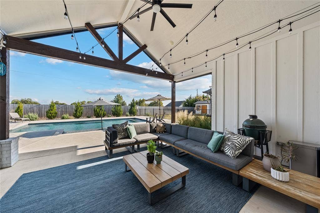 149 Water View Lane, Robinson, TX 76706 Covered outdoor patio with exposed beam ceiling, recessed lighting, and a ceiling fan