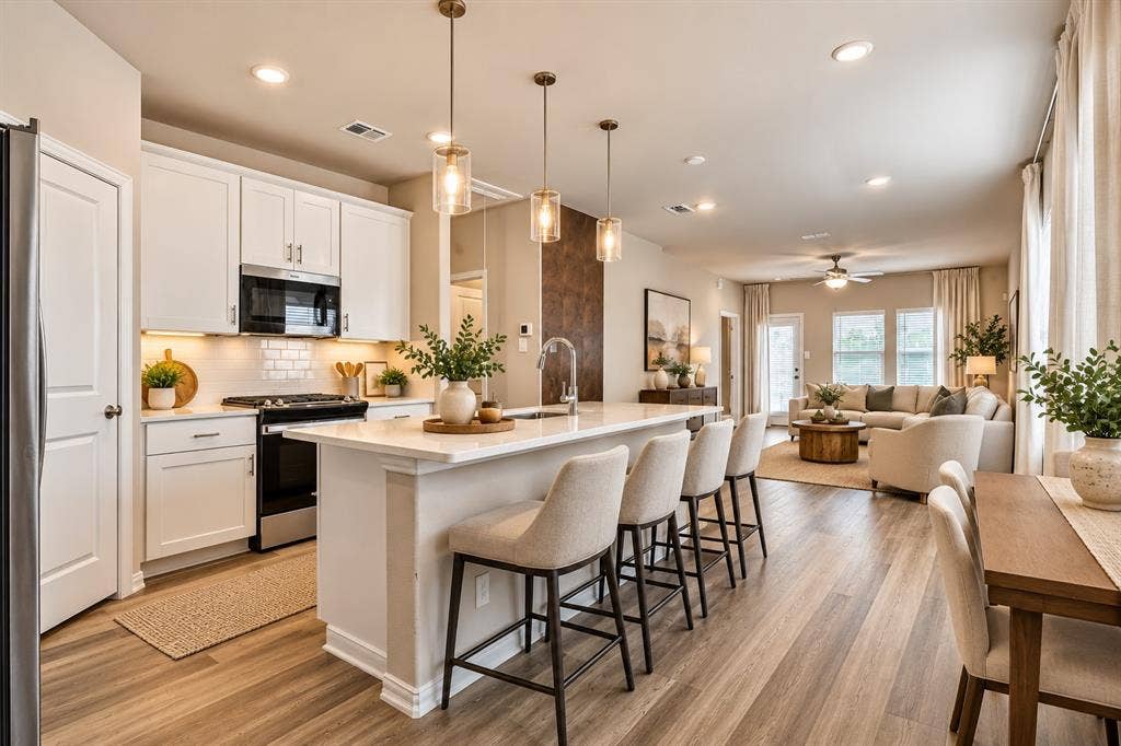 113 Greenbriar Drive, Princeton, TX 75071 Open-concept living area featuring wood-finish flooring, white cabinetry, a kitchen island with pendant lighting, and recessed ceiling lights