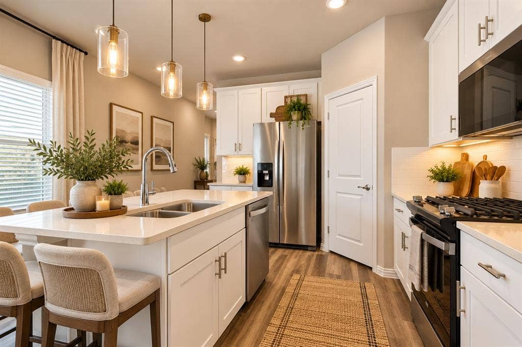 113 Greenbriar Drive, Princeton, TX 75071 Kitchen featuring white cabinetry, stainless steel appliances, a center island with double sink, and wood-finish flooring