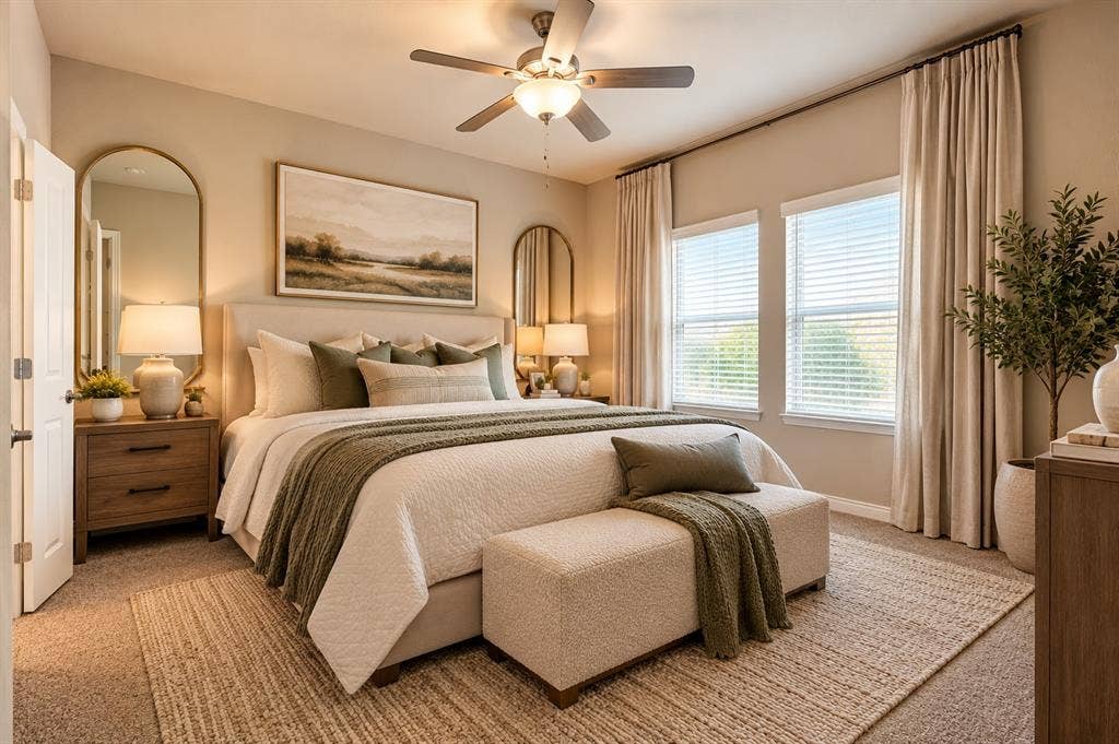 113 Greenbriar Drive, Princeton, TX 75071 Neutral wall paint, ceiling fan with integrated lighting, two windows with blinds, built-in window treatments, and carpeted flooring