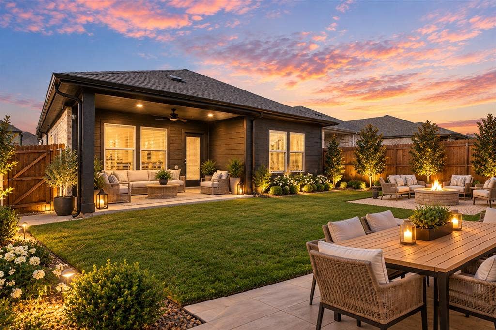 113 Greenbriar Drive, Princeton, TX 75071 Expansive backyard featuring a covered patio, paved dining area, manicured lawn, built-in fire pit, and mature trees