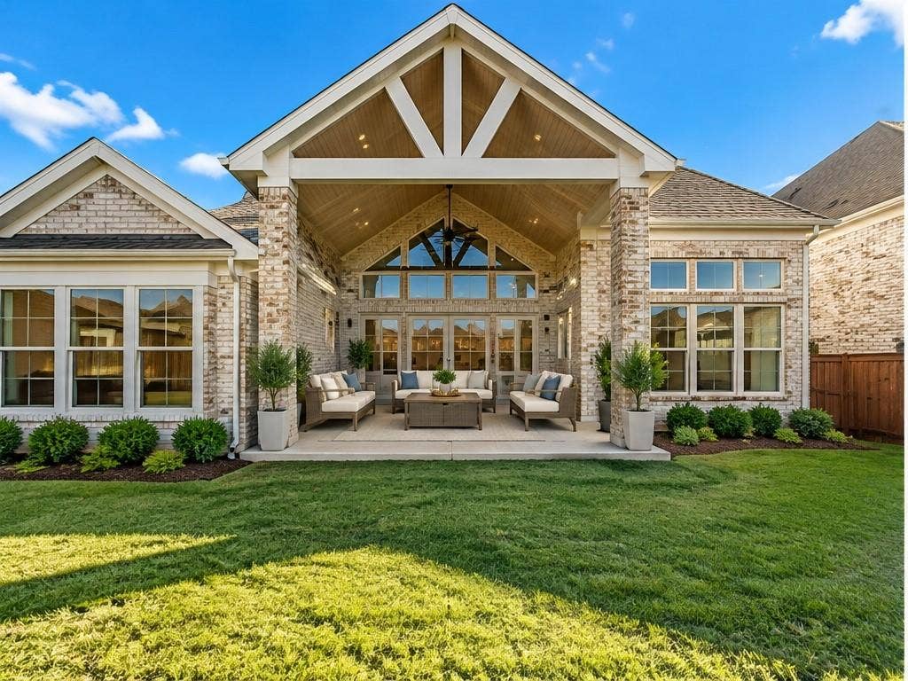1320 Cartona Road, Fate, TX 75087 Expansive rear patio featuring a vaulted wood-paneled ceiling, exposed beams, and a ceiling fan. Aplace for entertainment.