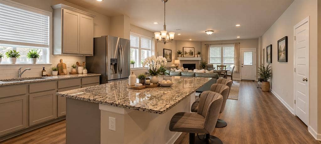 5617 Southern Fern Road, Garland, TX 75043 Open-concept kitchen featuring granite countertops, stainless steel appliances, recessed lighting, and wood-finish flooring