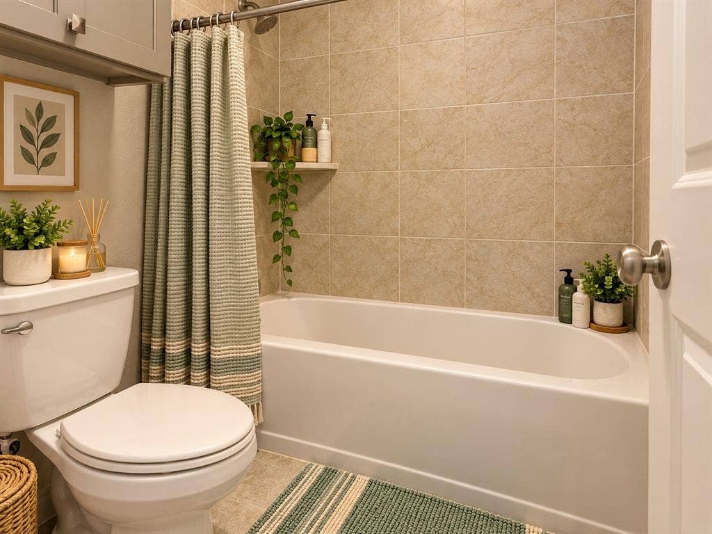 5617 Southern Fern Road, Garland, TX 75043 Tub/shower combination featuring light-colored wall tiles, a built-in wall shelf, and a white porcelain toilet