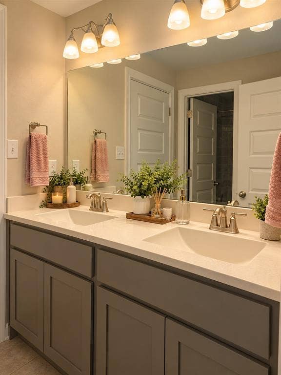 5617 Southern Fern Road, Garland, TX 75043 Dual vanity with a light-colored countertop, undermount sinks, and brushed nickel faucets