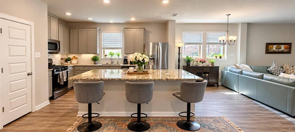 5617 Southern Fern Road, Garland, TX 75043 Open-concept kitchen featuring an expansive island with stone countertop, stainless steel appliances, and wood-finish flooring