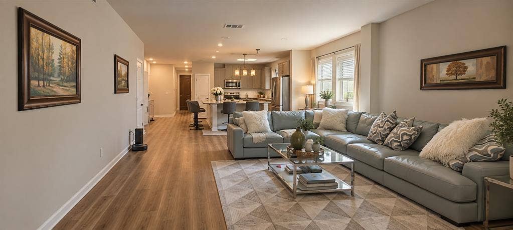 5617 Southern Fern Road, Garland, TX 75043 Spacious open-concept living area featuring wood-finish flooring, recessed lighting, and ample natural light from multiple windows