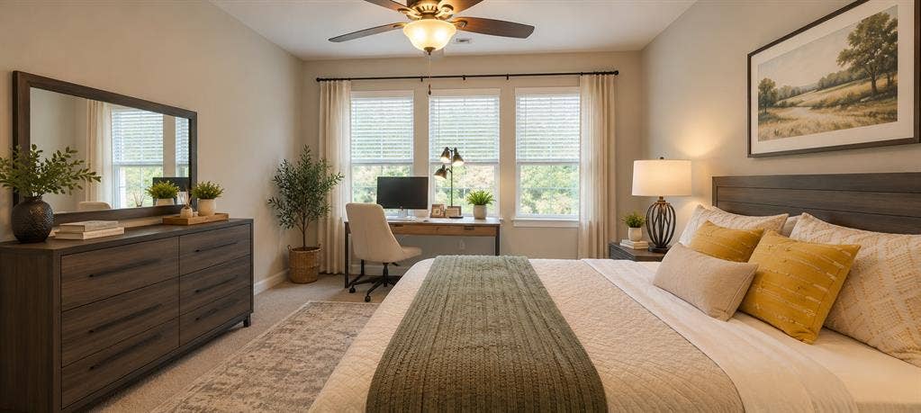 5617 Southern Fern Road, Garland, TX 75043 Ceiling fan with integrated lighting, three large windows with blinds, built-in desk with a dark metal frame, recessed headboard with wood-finish paneling, and a wood-finish dresser with dark hardware