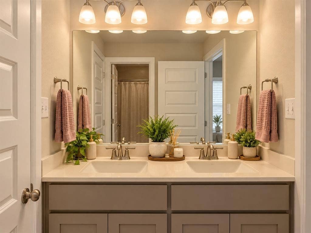 5617 Southern Fern Road, Garland, TX 75043 Double vanity with individual sinks, brushed nickel fixtures, light-colored countertop, and integrated mirror