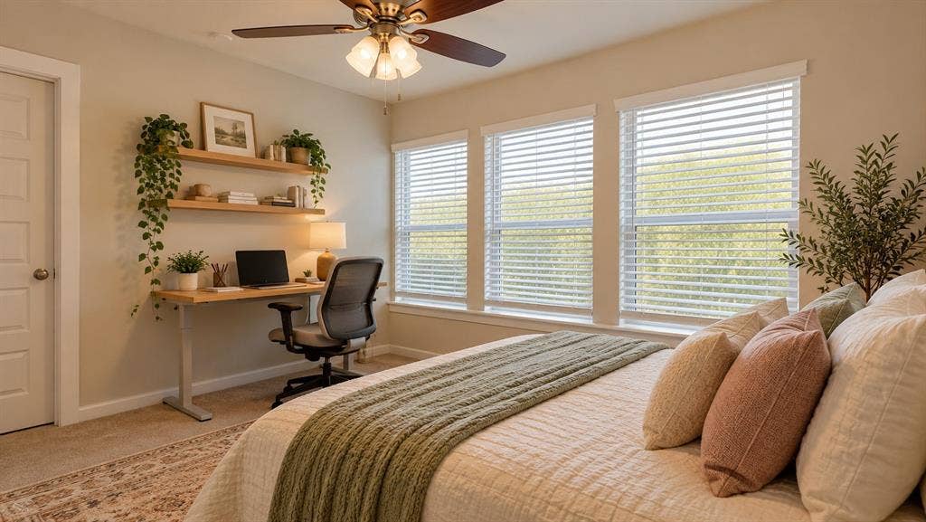 5617 Southern Fern Road, Garland, TX 75043 Recessed lighting, ceiling fan, natural light from multiple windows, built-in shelving, and carpet flooring