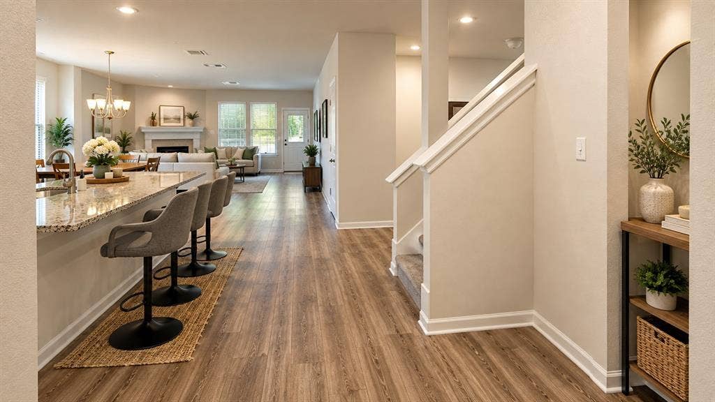5617 Southern Fern Road, Garland, TX 75043 Open-concept living area featuring wood-finish flooring, a kitchen island with stone countertops, and a fireplace with mantel