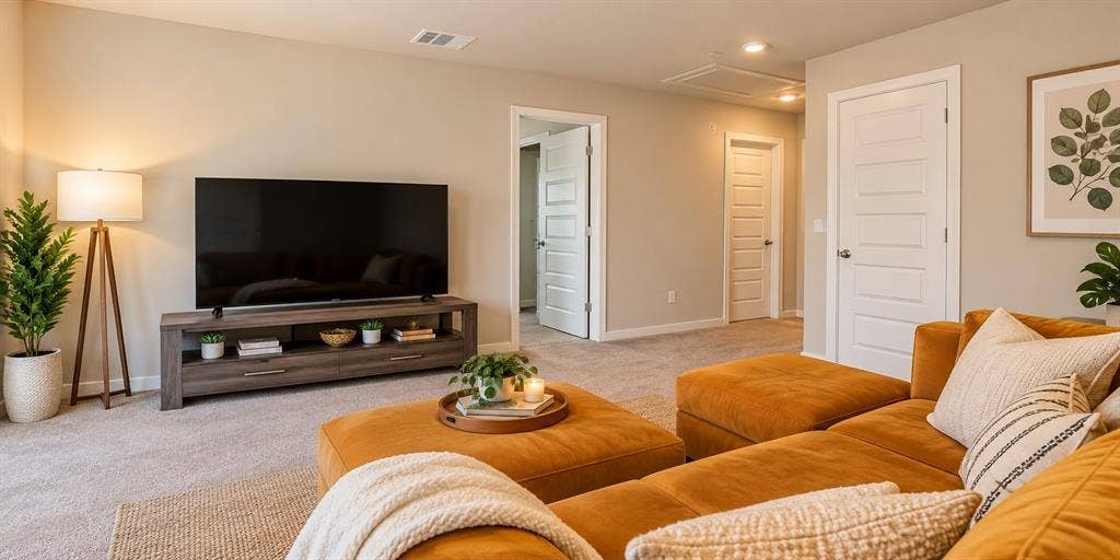 5617 Southern Fern Road, Garland, TX 75043 Carpeted living area with light neutral wall tones, recessed lighting, and white paneled doors