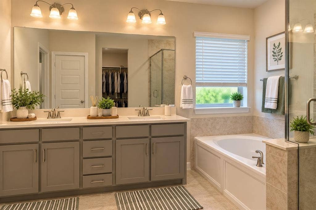 5617 Southern Fern Road, Garland, TX 75043 Dual vanity with gray cabinetry and stone-finish countertops, large frameless mirror, built-in soaking tub, and glass-enclosed shower