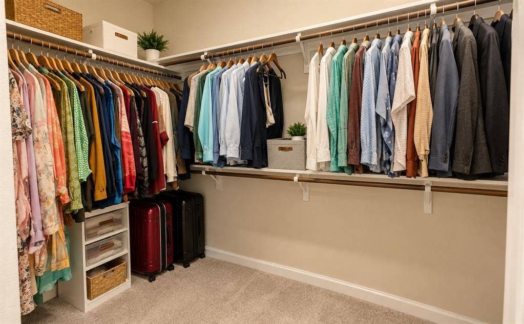 5617 Southern Fern Road, Garland, TX 75043 Carpeted walk-in closet featuring built-in shelving, multiple hanging rods, and a corner storage unit