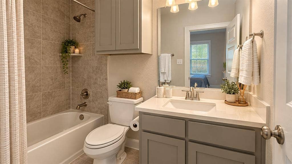 5617 Southern Fern Road, Garland, TX 75043 Tile-surround bathtub with shower, toilet, wall-mounted cabinetry, single vanity with integrated sink, and brushed nickel fixtures