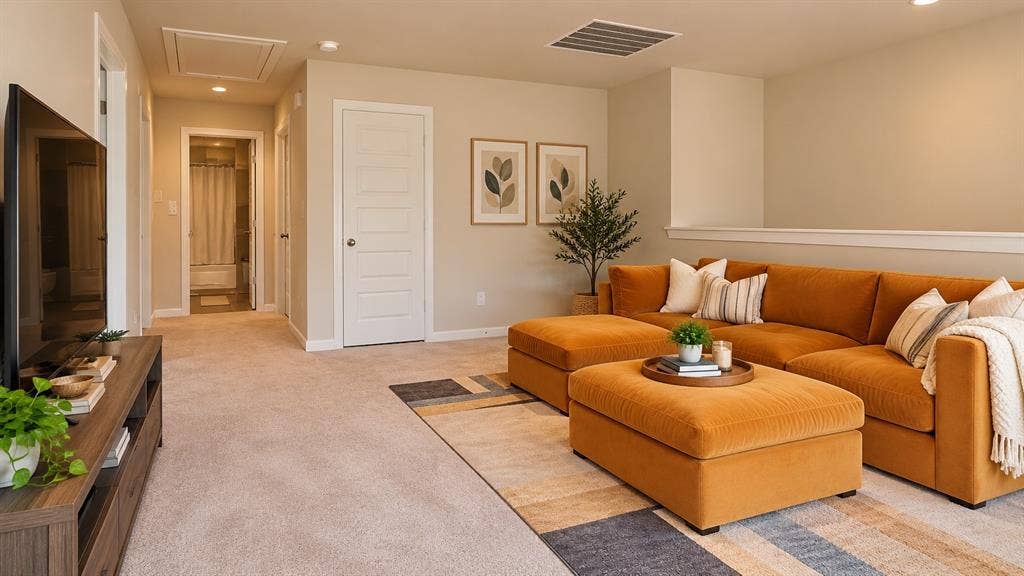 5617 Southern Fern Road, Garland, TX 75043 Carpeted living area with light-toned walls, recessed lighting, and a partial wall separation