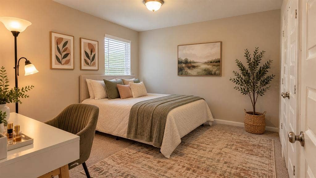 5617 Southern Fern Road, Garland, TX 75043 Carpeted bedroom with a window featuring blinds, a built-in ceiling light fixture, and paneled doors with brushed nickel hardware