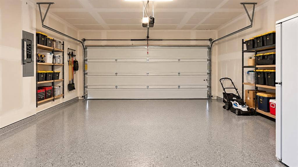 5617 Southern Fern Road, Garland, TX 75043 Garage featuring epoxy flooring, overhead door, built-in shelving, and exposed ceiling joists