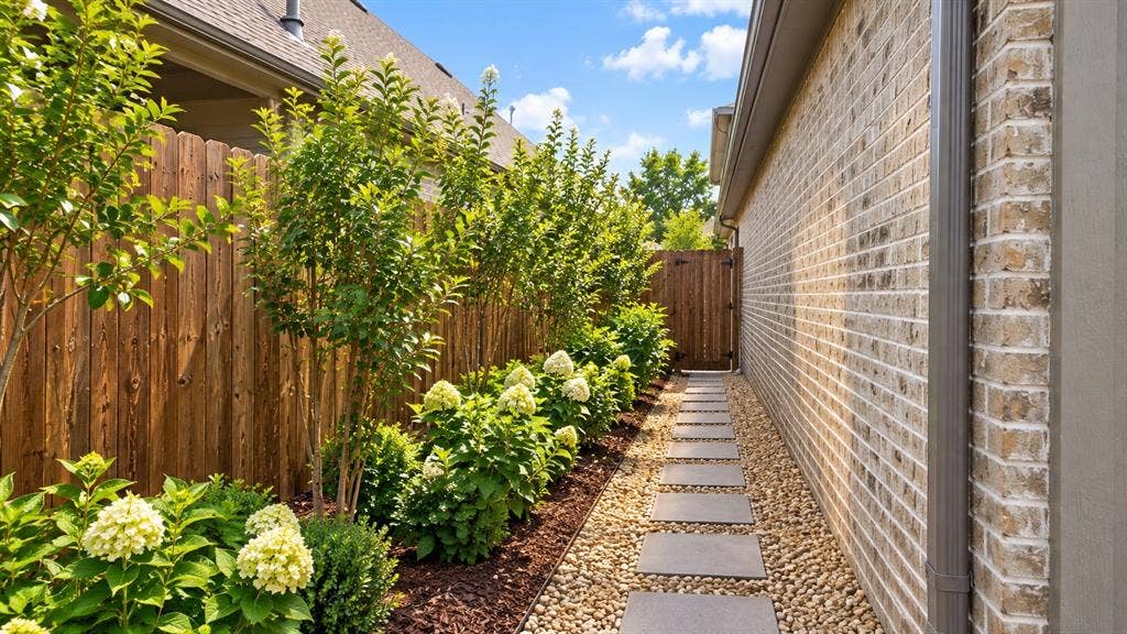 5617 Southern Fern Road, Garland, TX 75043 Side yard featuring a wood privacy fence, established landscaping, and a paver pathway with gravel