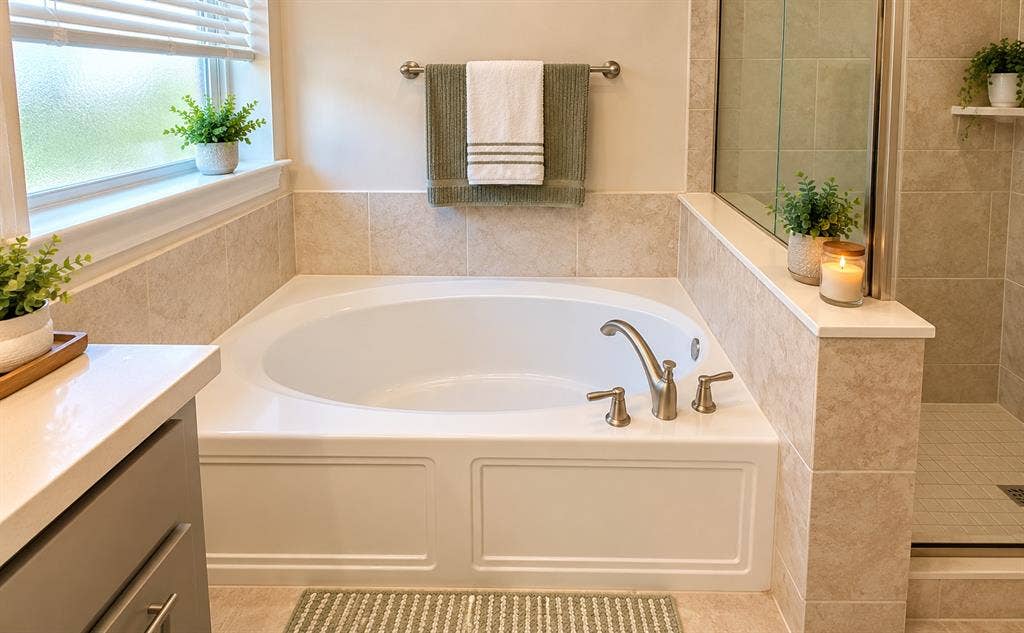 5617 Southern Fern Road, Garland, TX 75043 Built-in soaking tub with brushed nickel fixtures, surrounded by neutral-toned tilework and a separate glass-enclosed shower with tiled walls