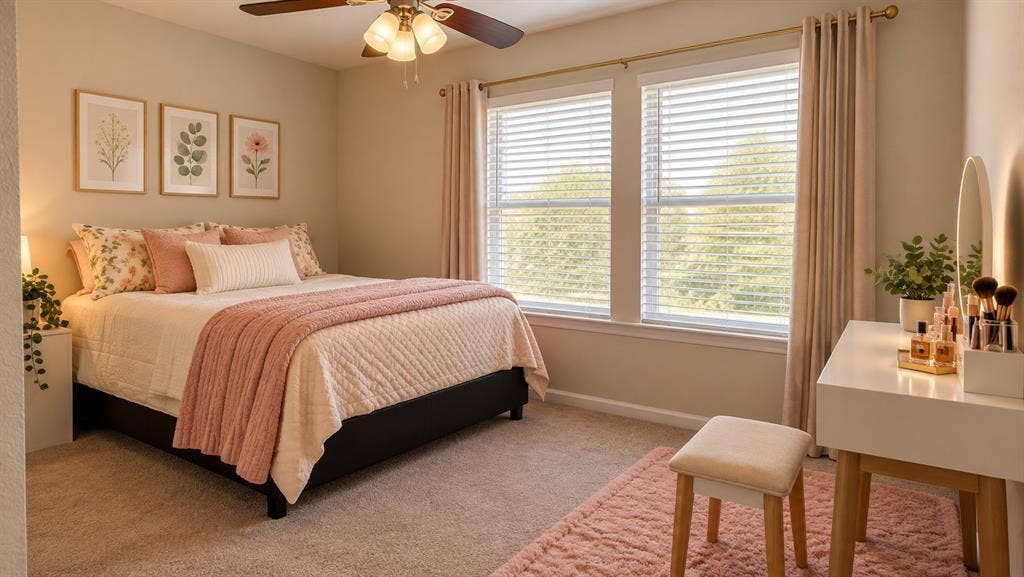 5617 Southern Fern Road, Garland, TX 75043 Ceiling fan fixture, dual windows with blinds, wall-to-wall carpeting, and neutral wall tones
