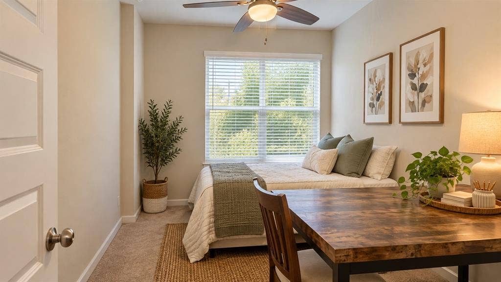 5617 Southern Fern Road, Garland, TX 75043 Neutral wall paint, window with blinds, ceiling fan, wood-finish flooring, and built-in lighting