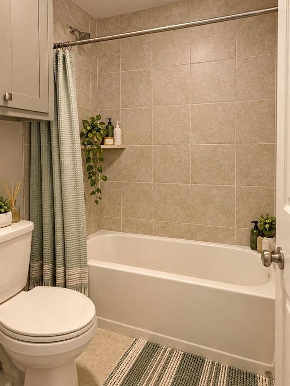 5617 Southern Fern Road, Garland, TX 75043 Tub-shower combination with tiled surround, built-in shelf, and overhead cabinetry