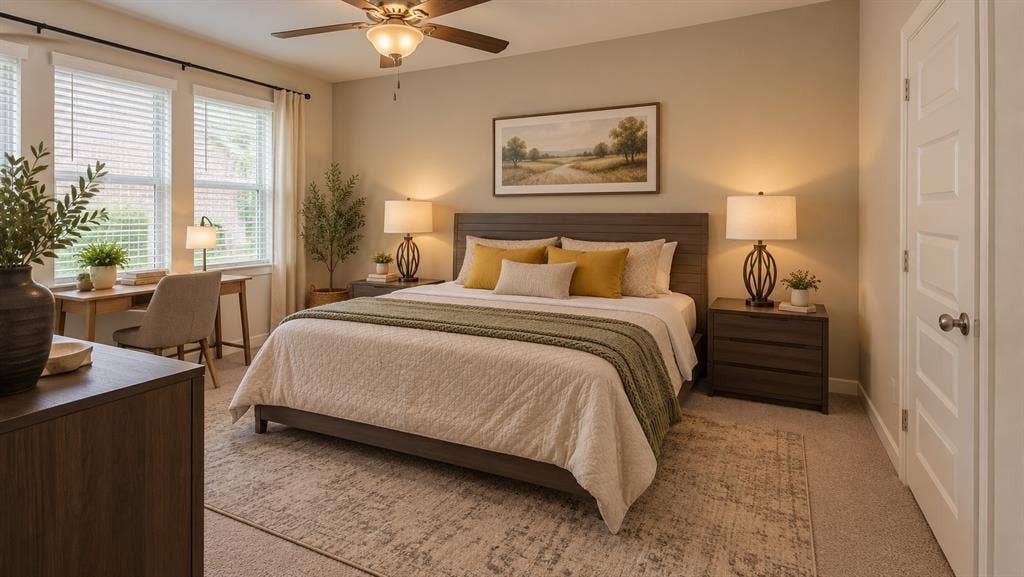 5617 Southern Fern Road, Garland, TX 75043 Neutral wall color, wood-finish bed frame, ceiling fan with integrated lighting, wood-finish nightstand, panel door