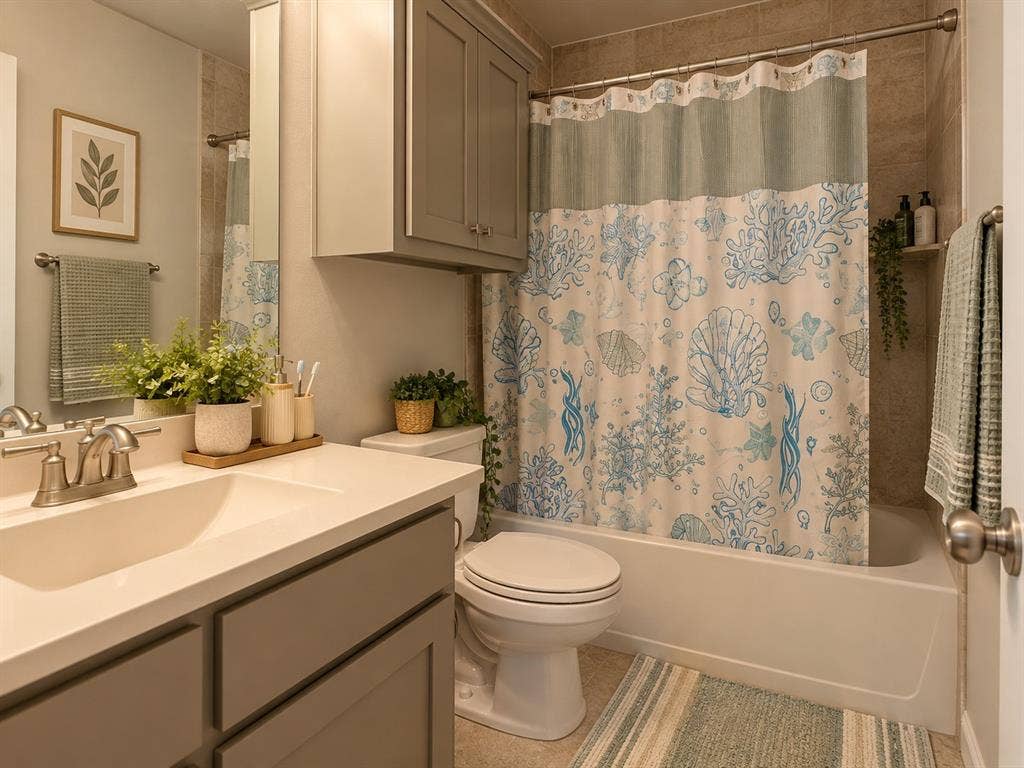 5617 Southern Fern Road, Garland, TX 75043 Bathroom featuring a vanity with an integrated sink, built-in medicine cabinet, and a shower-tub combination