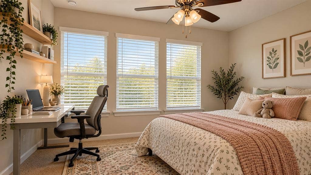 5617 Southern Fern Road, Garland, TX 75043 Three large windows with blinds, built-in wooden shelving, a ceiling fan with integrated lighting, and carpeted flooring