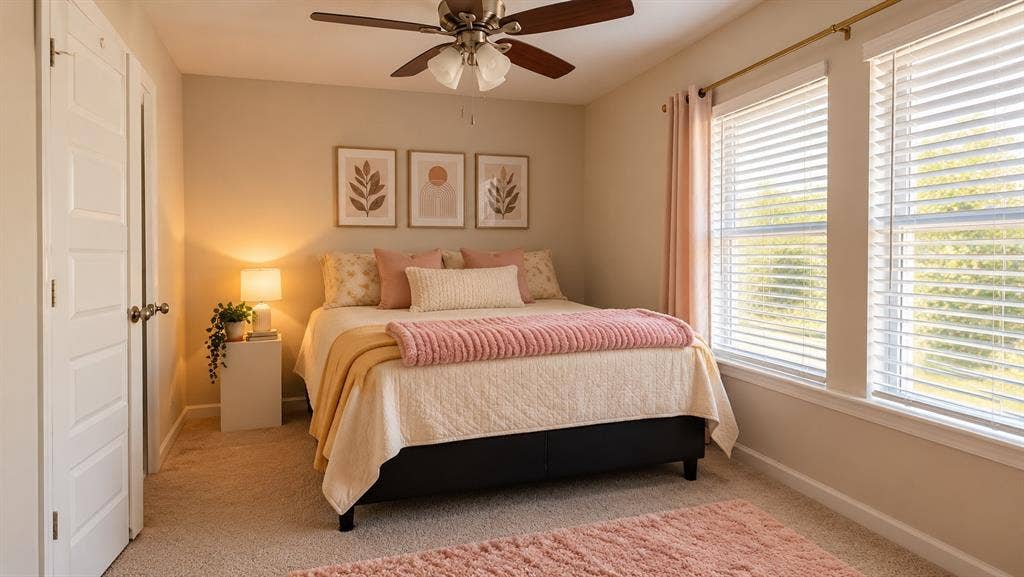 5617 Southern Fern Road, Garland, TX 75043 Neutral wall color, ceiling fan, two white paneled doors, carpeted flooring, and a pair of windows with blinds