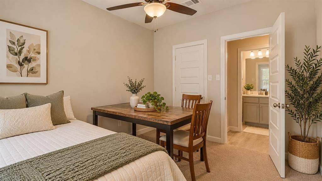 5617 Southern Fern Road, Garland, TX 75043 Ceiling fan with integrated lighting, wood-finish desktop, light-toned carpeting, paneled interior doors, and a bathroom vanity with a rectangular sink and light fixture