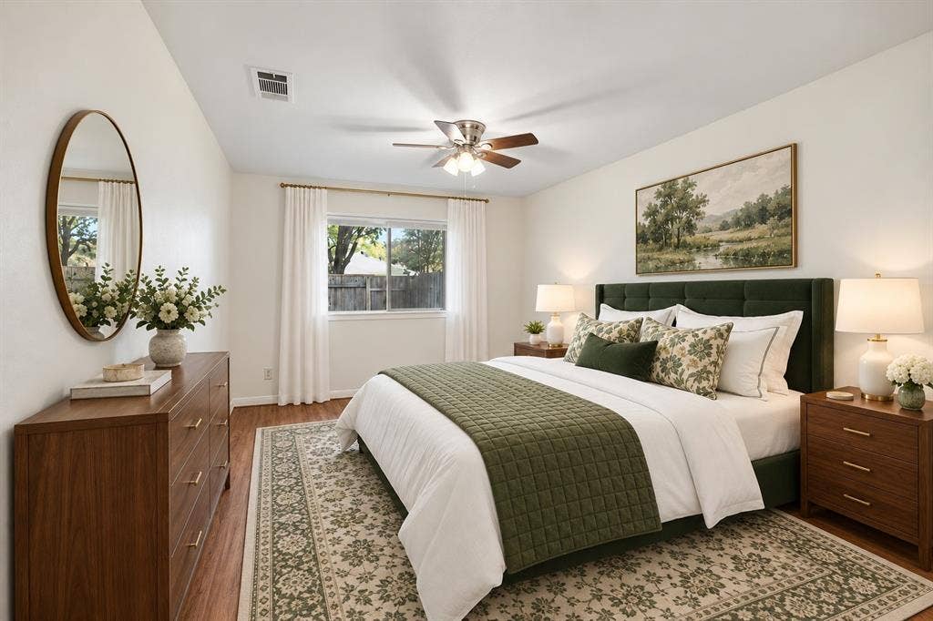 1613 19th Street, Plano, TX 75074 Primary bedroom featuring a black upholstered bed frame, wood-finish nightstands with integrated lighting, hardwood flooring, a geometric area rug, ceiling fan with brushed nickel finish, and large windows with white curtain panels allowing natural light throughout the space