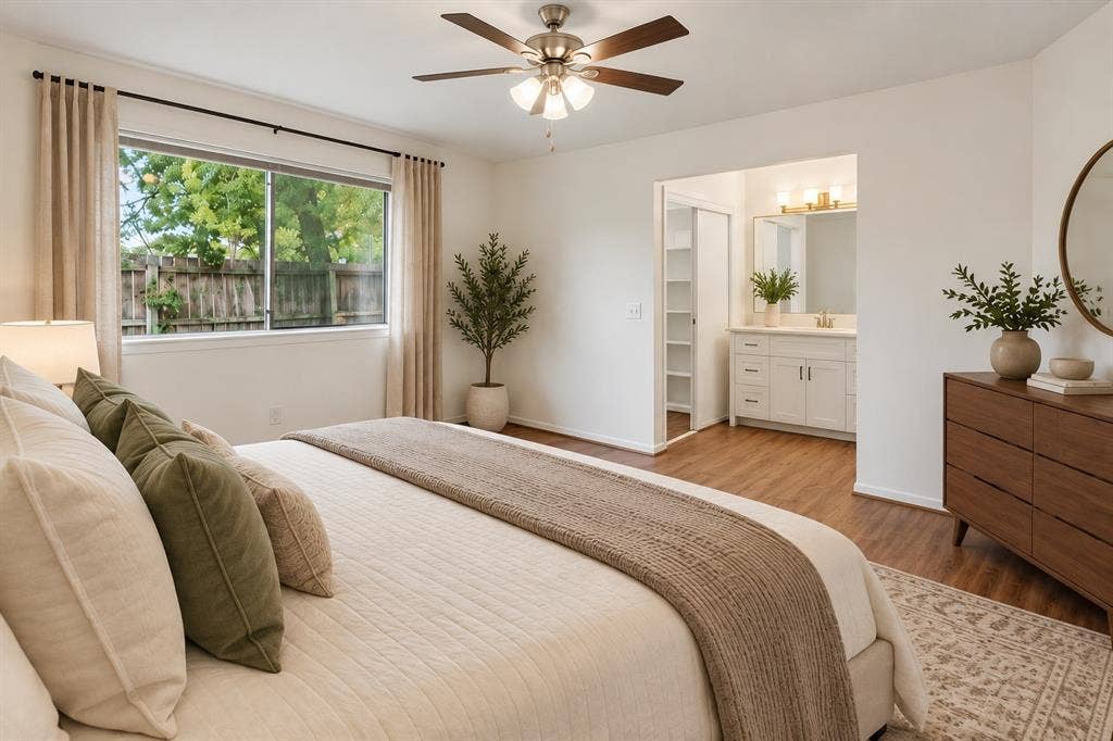 1613 19th Street, Plano, TX 75074 Primary bedroom with wood-finish flooring, a ceiling fan, and large window