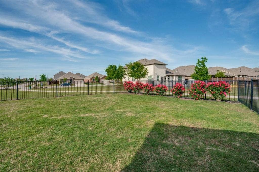 6229 Gloucester Drive, Celina, TX 76227 Expansive lawn area with a black metal fence, bordered by mature rose bushes and assorted trees