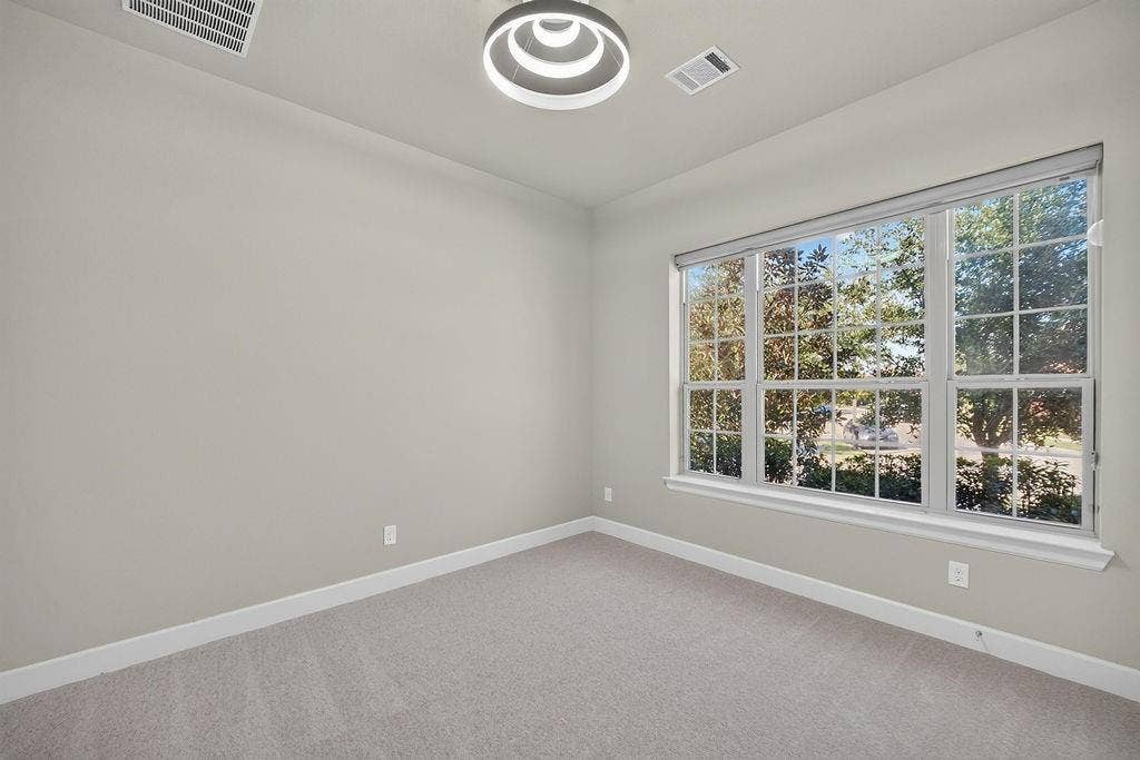 Neutral-toned interior featuring multi-pane windows, wall-to-wall carpeting, and a contemporary tiered ceiling fixture