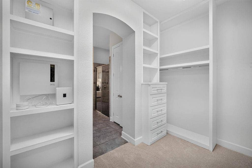 Custom walk-in storage area featuring floor-to-ceiling built-in shelving, integrated five-drawer cabinetry, and a prominent arched entryway
