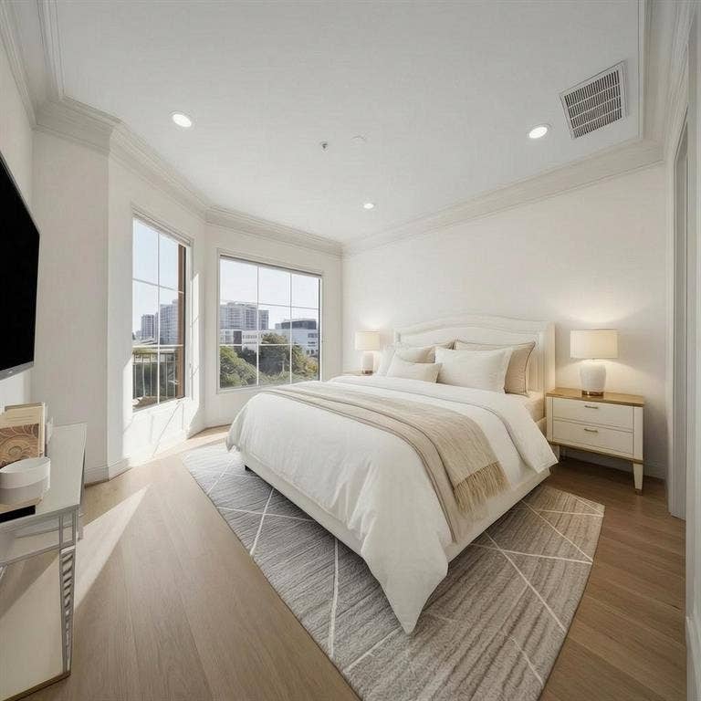 3535 Gillespie Street, #507, Dallas, TX 75219 Bay window with beautiful 5th story views, recessed ceiling lighting, crown molding, and wood-finish flooring. *Virtually staged
